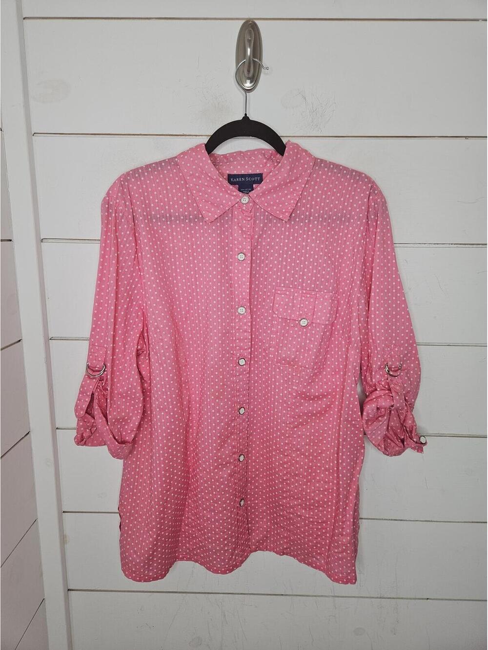 Karen Scott XL pink with white dots cotton button up shirt
